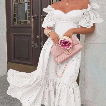 Dress Women Off Shoulder Mid Length Dresses Solid Dot Sexy Splice Tight High Waist V Neck A Line Elegant Slim Fit Vestidos