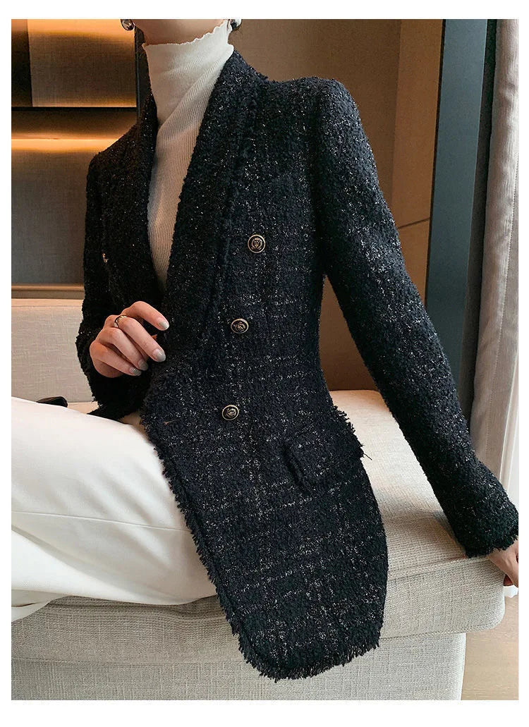 2021 autumn new style small fragrant black temperament wool small suit jacket women's self-cultivation suit blouse
