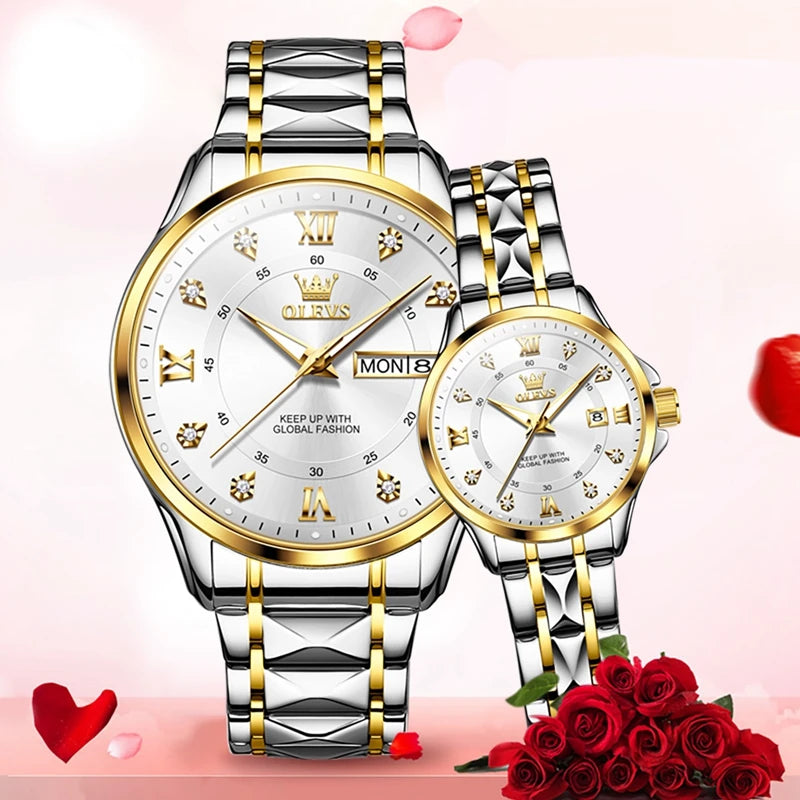 Luxury Unisex Olevs Stainless Steel Quartz Waterproof Couple Watch for Lovers