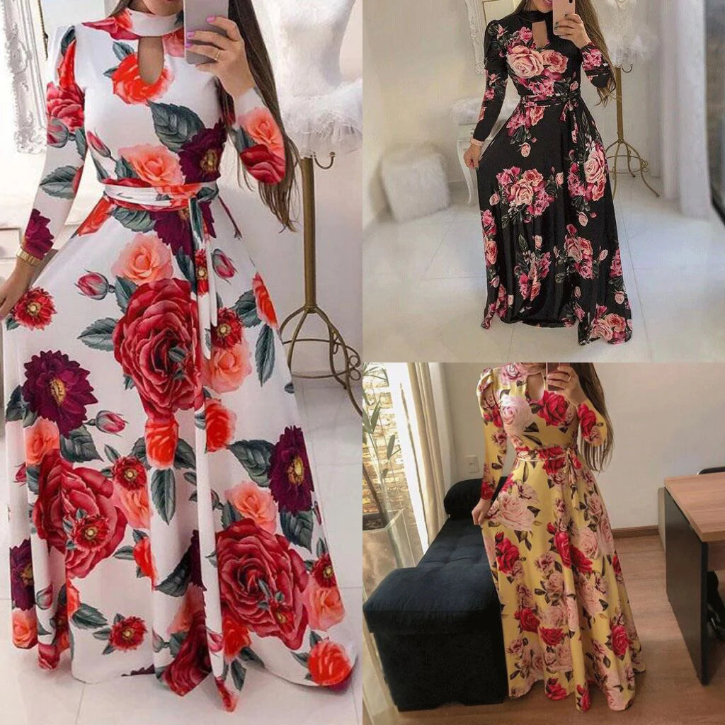 High Quality Breathable Floral Maxi Dress for Women Ladies Casual Summer Fashion with Long Sleeves Belt Sexy Style