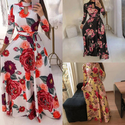 High Quality Breathable Floral Maxi Dress for Women Ladies Casual Summer Fashion with Long Sleeves Belt Sexy Style