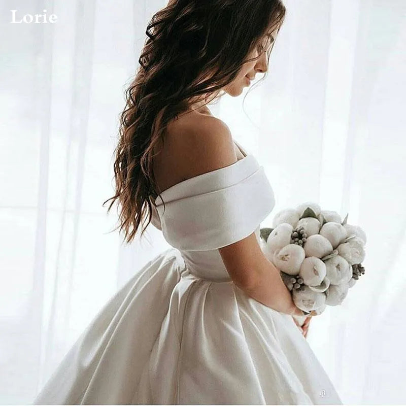 LORIE Princess Wedding Dresses Satin Vintage Off The Shoulder Wedding Bride Dresses Long Train White Wedding Ball Gown...