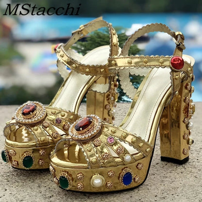 MStacchi Luxury Brand Women Platform Sandals Crystal Embroidery High Heel Sandalia Feminina Buckle Strap Rhinestone Wedding Shoe - Kimlud