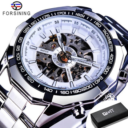 Forsining 2025 Stainless Steel Waterproof Mens Skeleton Watches Top Brand Luxury Transparent Mechanical Sport Male Wrist Watches