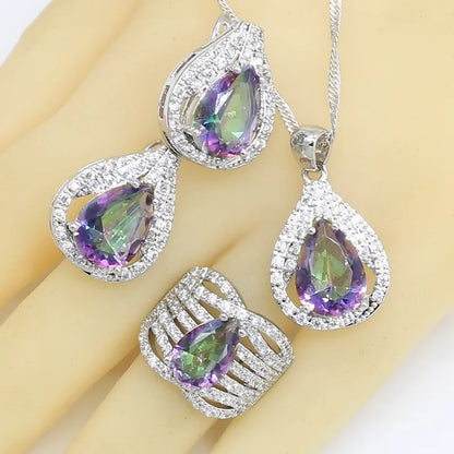 925 Stamp Jewelry Sets For Women Multi Color Rainbow Zircon Bracelet Hoop Earrings Rings Necklace Pendant Wedding Gift Box