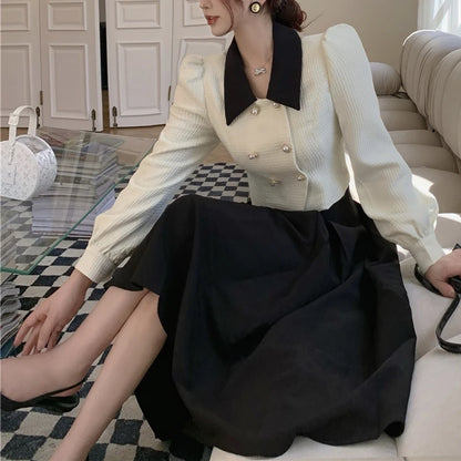 2023 Spring Elegant Two Piece Set Women Casual Slim Korean Coat + Black Pleated Gothic Vintage Midi Skirt Office Lady Skirt Srts