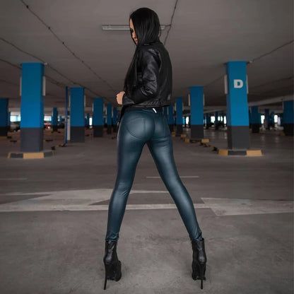 Shascullfites Melody Blue Faux Leather Trousers Wet Leather Pants Legging Ladies Leather Pants Hip Butt Shaper Long Leggings