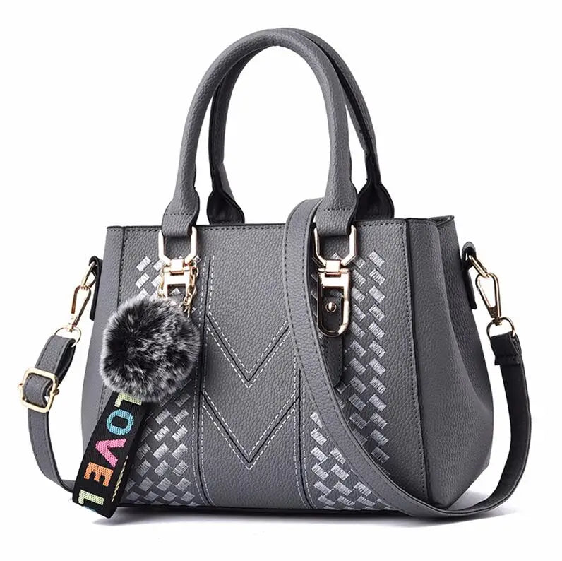 Embroidery Messenger Bags Women Leather Handbags Bags for Women Sac a Main Ladies hair ball Hand Bag - Kimlud