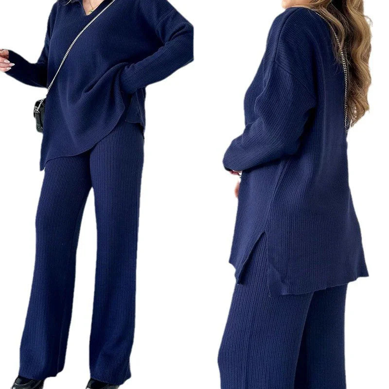 Spring Autumn Split Knit Two Piece Sets Womens Outifits Solid Long Sleeve Tops and Elastic Waist Wide Leg Pants Sets Tracksuit