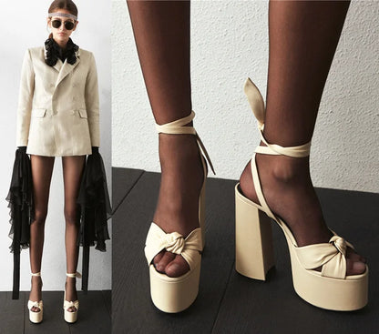 New Women Sandals Summer Shoes Sexy Thick High Heels Platform 10 colors Dress Party Wedding Shoes Woman Pumps Bow love heels - Kimlud