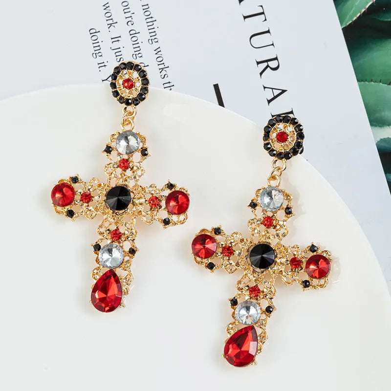 New Arrival Vintage Black Pink Crystal Cross Drop Earrings for Women Baroque Bohemian Large Long Earrings Jewelry Brincos 2023