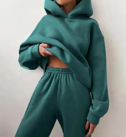Women's Tracksuit Casual Solid Long Sleeve Hooded Sport Suits Autumn Warm Hoodie Sweatshirts and Long Pant Fleece Two Piece Sets - Kimlud