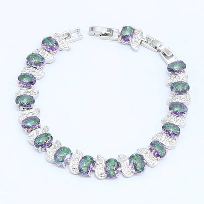 925 Stamp Jewelry Sets For Women Multi Color Rainbow Zircon Bracelet Hoop Earrings Rings Necklace Pendant Wedding Gift Box