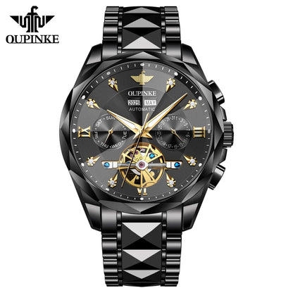 Oupinke 3316 Oem logo Hollow Design Business Tourbillon Waterproof Stainless Steel Luminous  Automatic Mechanical Watch for Man