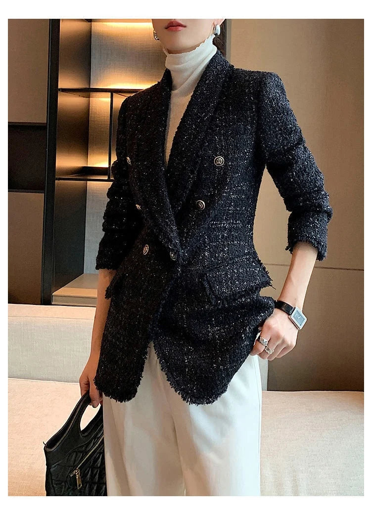 2021 autumn new style small fragrant black temperament wool small suit jacket women's self-cultivation suit blouse