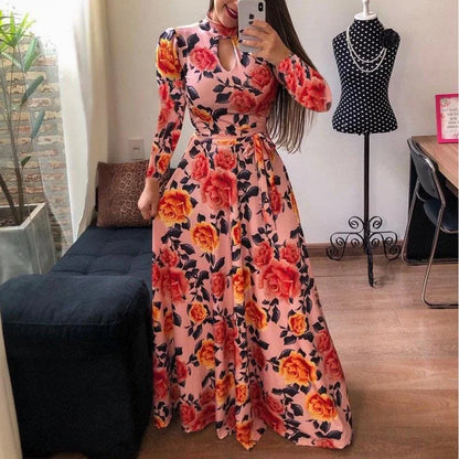 High Quality Breathable Floral Maxi Dress for Women Ladies Casual Summer Fashion with Long Sleeves Belt Sexy Style