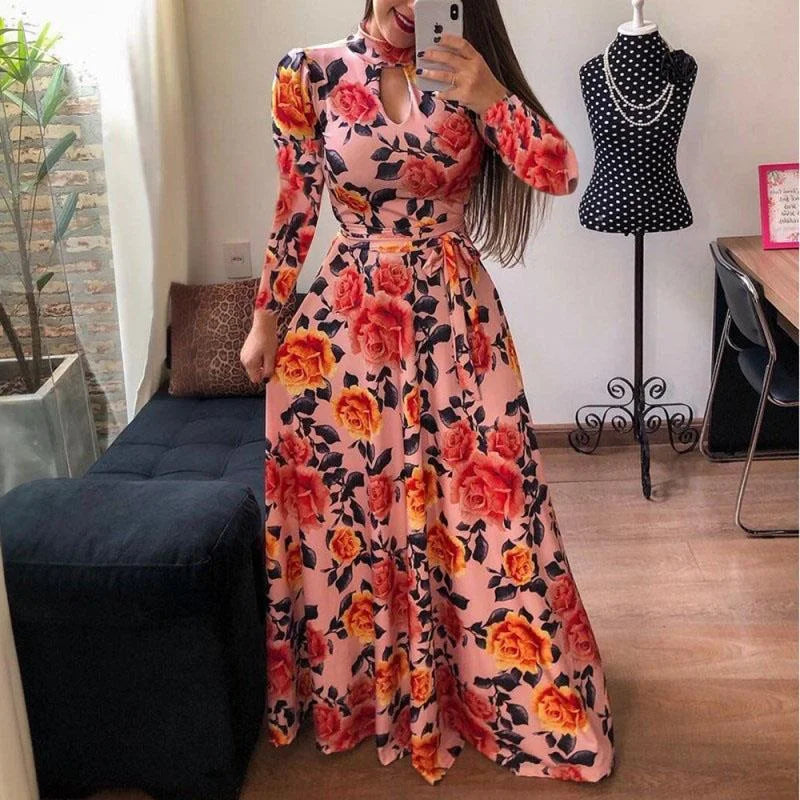 High Quality Breathable Floral Maxi Dress for Women Ladies Casual Summer Fashion with Long Sleeves Belt Sexy Style