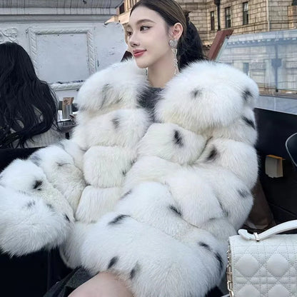 New Full Skin Leopard Print Spotted Fur Collar Fur Integrated Fox Fur Grass Jacket Coat for Women
