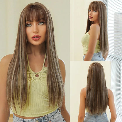 Factory Outlet MOQ 1Long Layered Brown Synthetic Wigs for Women Straight Blonde Mixed Bangs Wigs Use Heat Resistant Fiber