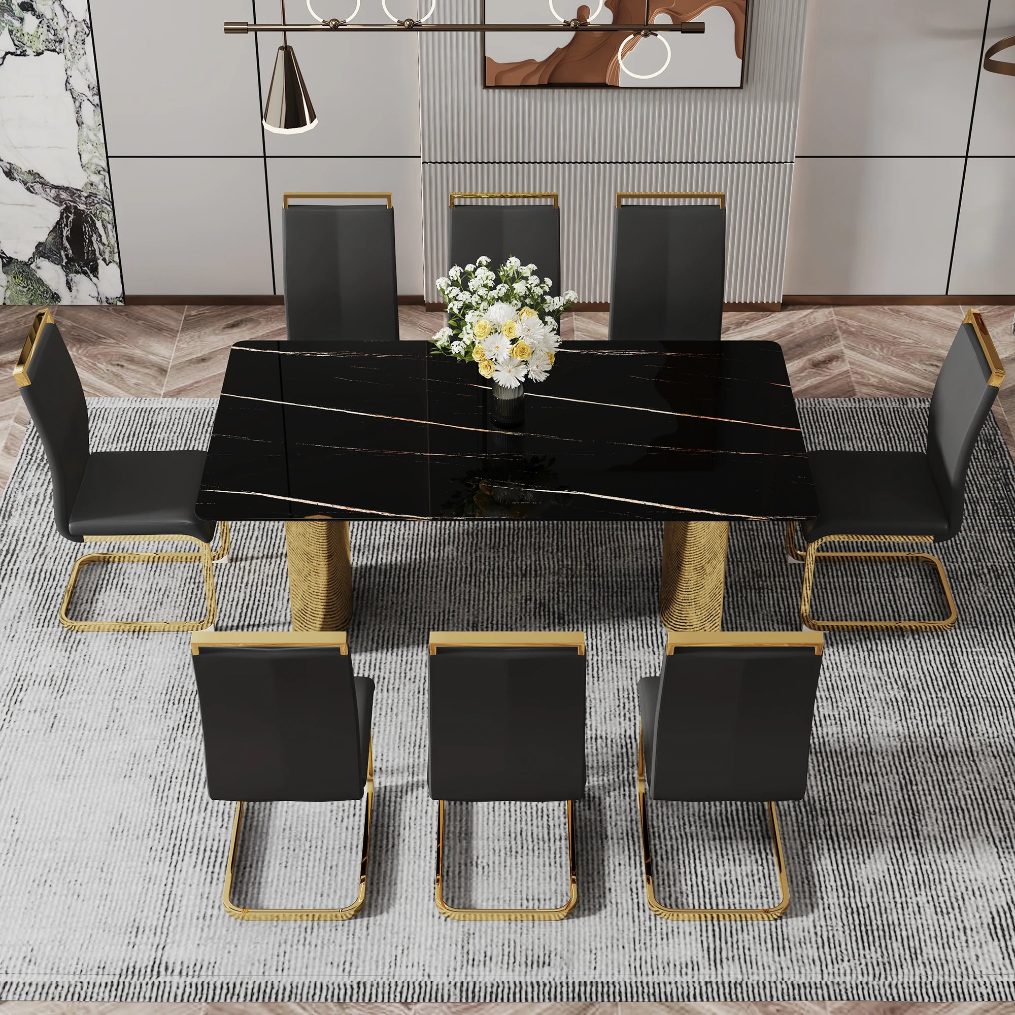 Modern Minimalist Square Dining Table with Black Patterned Glass Top Golden Metal Legs for Home Furniture Apartments...