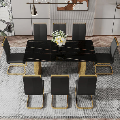 Modern Minimalist Square Dining Table with Black Patterned Glass Top Golden Metal Legs for Home Furniture Apartments...