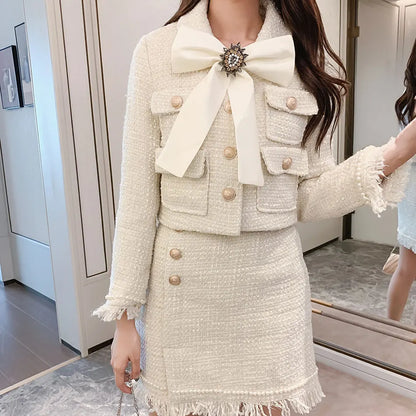 2021 Winter New Women Tweed Fringed 2 Two-Piece Set Sexy Long Sleeve V-Neck Button Coat + Short Skirt Set Vestidos Party Suit
