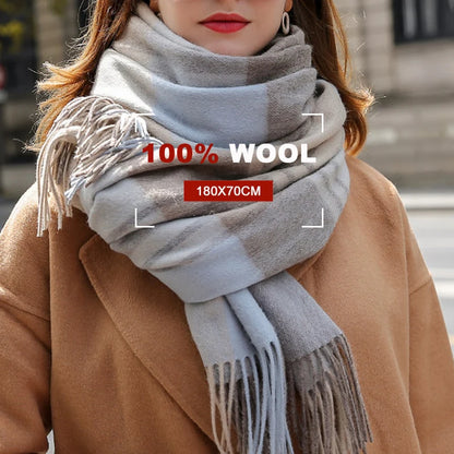 Winter 100% Lamb Wool Scarf Women Luxury Thicken Warm Shawls Wraps Checkered Pashmina Foulard Femme Plaid Cashmere...