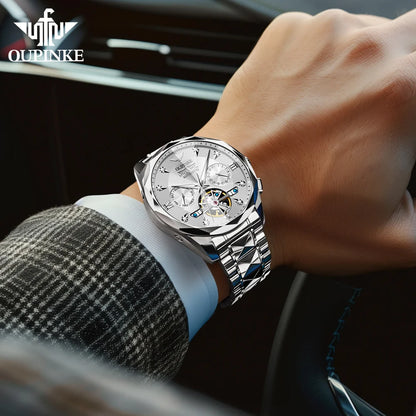Oupinke 3316 Oem logo Hollow Design Business Tourbillon Waterproof Stainless Steel Luminous  Automatic Mechanical Watch for Man