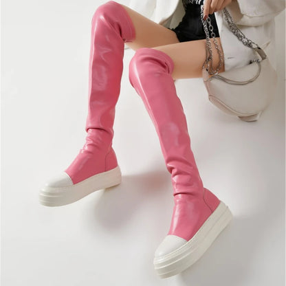Thick Sole Platform Soft Leather Material Shoes Over Knee Thigh High Women's Boots