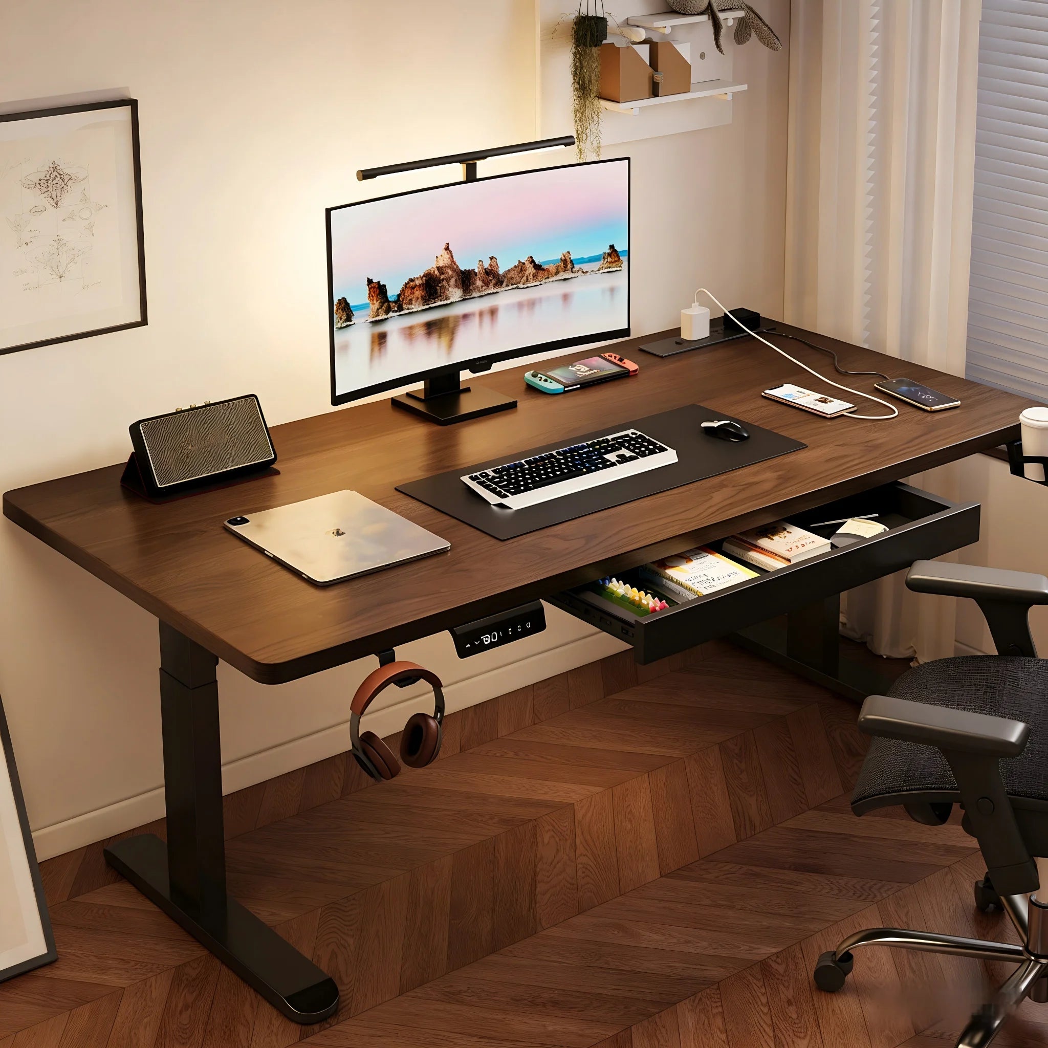 Solid Wood Electric Standing Desk with Drawer, Ergonomic Height Adjustable Sit Stand Office Desk for Home Office Furniture Desks