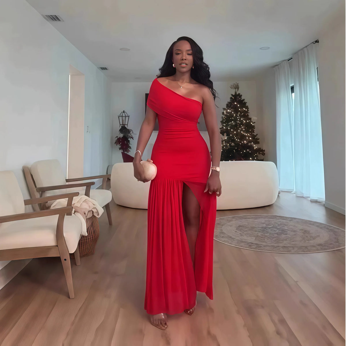Guangzhou FTS 1688 Agent One-Stop Sourcing One Shoulder Ruched Split Maxi Evening Dress Wholesale 1688.com QC Consolidation