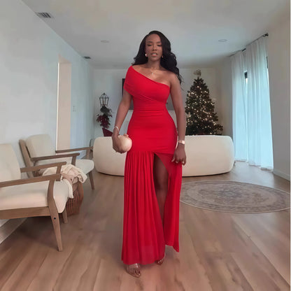 Guangzhou FTS 1688 Agent One-Stop Sourcing One Shoulder Ruched Split Maxi Evening Dress Wholesale 1688.com QC Consolidation