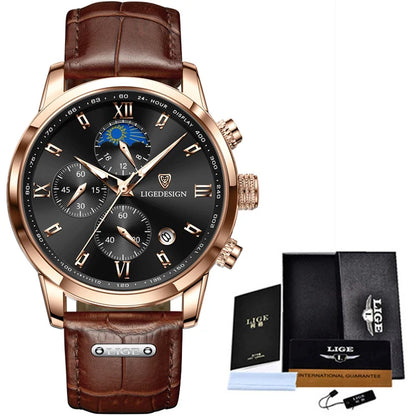 LIGE Men Watch Luxury Leather Waterproof Sport Quartz Wristwatch Chronograph Military Watch for Men Relogio Masculino Men‘s Gift
