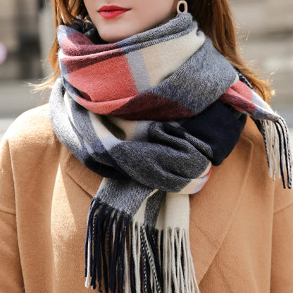 Winter 100% Lamb Wool Scarf Women Luxury Thicken Warm Shawls Wraps Checkered Pashmina Foulard Femme Plaid Cashmere...
