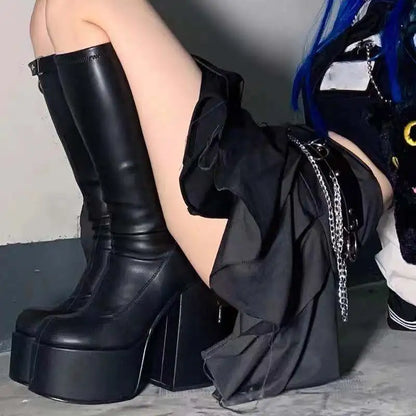 Platform Heel Boots Women's Pumps Stretch Ankle Boots Designer Knee-high Women Boots Trend Thigh High Boot Black Gothic...
