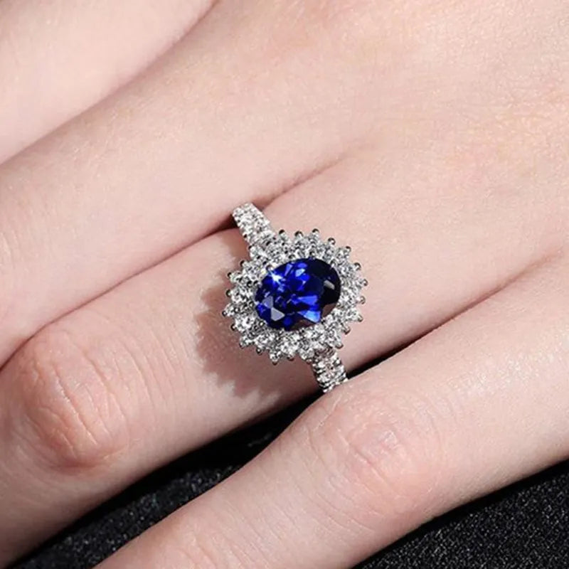 CAOSHI Luxury Blue Crystal Stone Rings with Tiny Flower Cubic Zirconia Pretty Women's Jewelry Elegant Engagement Accessories