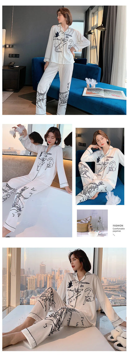 QSROCIO Women's Pajamas Set Luxury Style Fashion Natural Animal Graffiti Sleepwear Silk Like Leisure Home Clothes...