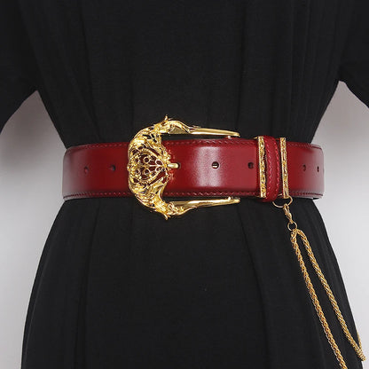 Women's Runway Fashion Gold Buckle Genuine Leather Cummerbunds Female Dress Corsets Waistband Belts Decoration Wide Belt TB1757