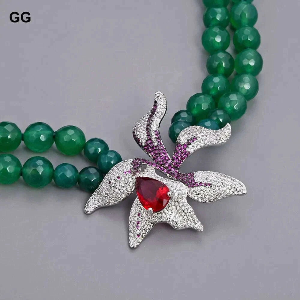 GuaiGuai Jewelry 18"-19'' 2 Rows Green Round Agates Necklace Red Crystal CZ Flower Pendant For Women