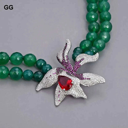 GuaiGuai Jewelry 18"-19'' 2 Rows Green Round Agates Necklace Red Crystal CZ Flower Pendant For Women