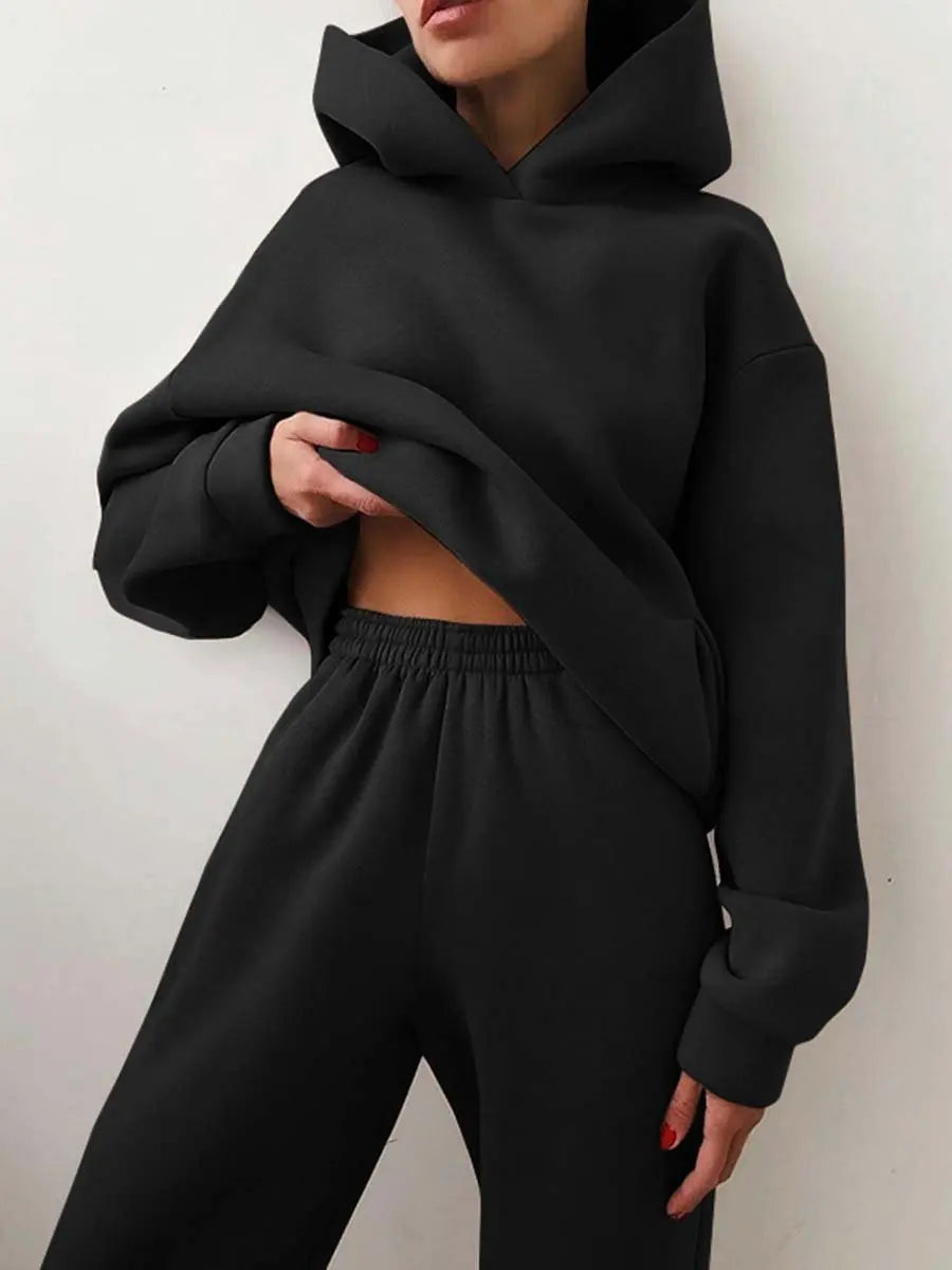 Women's Tracksuit Casual Solid Long Sleeve Hooded Sport Suits Autumn Warm Hoodie Sweatshirts and Long Pant Fleece Two Piece Sets - Kimlud