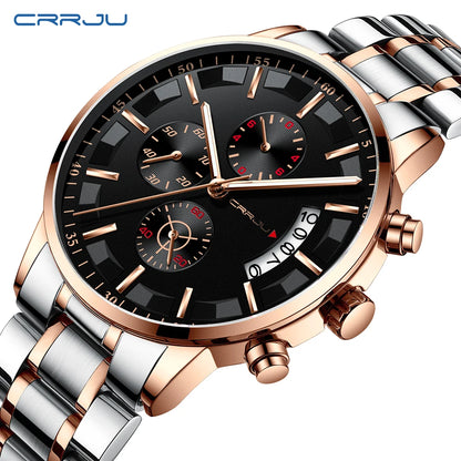 CRRJU 2261 Hot Sell Chinese Gents Quartz Watch clear Steel Strap Luminous Chronometer Calender Outdoor Hand Watch