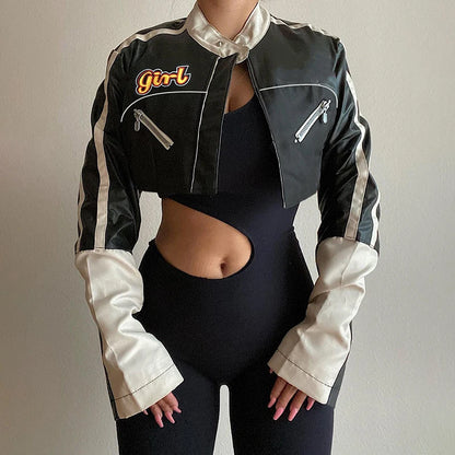 Darlingaga Streetwear Punk Style Patchwork Cropped PU Leather Jacket Women Zipper Autumn Winter Jacket Contrast Color Basic Coat