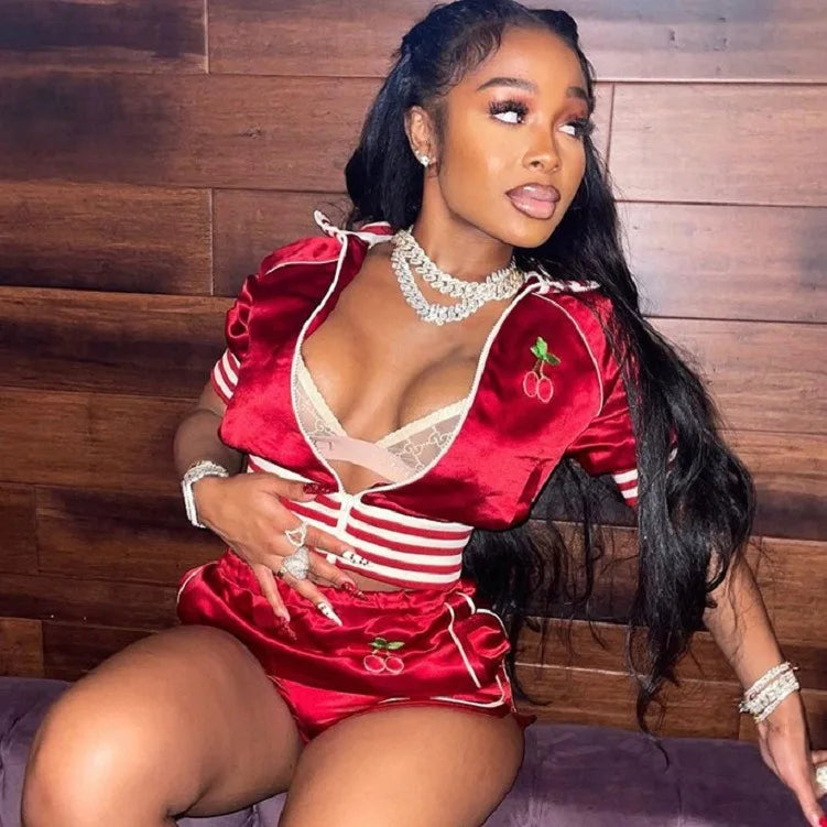 Hot Sale Women Tracksuit Fashion Cherry Embroidery Zipper Crop Top Two Pieces Short Set Sports Wear for Women - Kimlud