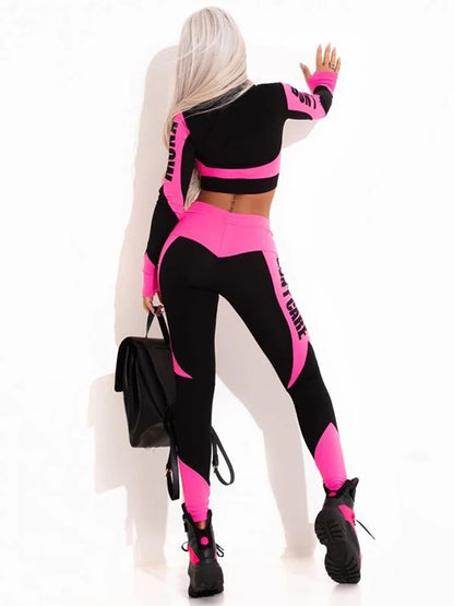 Oshoplive Female Long Sleeves Zipper Tees&leggings Sports Suits 2023 Spring Autumn Letter Print Yoga Two Pieces Set For Women