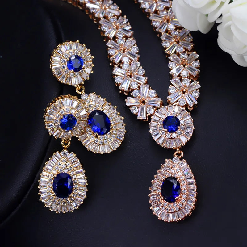 ThreeGraces Luxurious Blue Cubic Zirconia Stone Silver Color Large Bridal Wedding Earrings Necklace Jewelry Set for Women TZ775