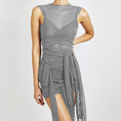 Bangniweigou Ribbon Wrap Up Draped Mesh See Through Bandage Dress Women Mummy Tie Up Bodycon High Waist Short Brown Dresses - Kimlud