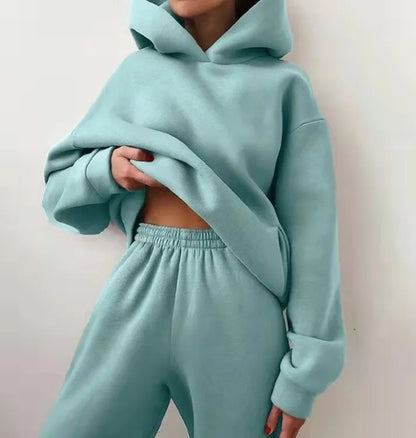 Women's Tracksuit Casual Solid Long Sleeve Hooded Sport Suits Autumn Warm Hoodie Sweatshirts and Long Pant Fleece Two Piece Sets - Kimlud