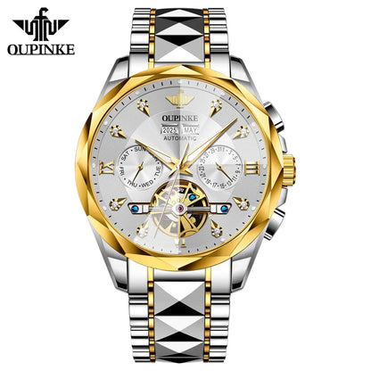 Oupinke 3316 Oem logo Hollow Design Business Tourbillon Waterproof Stainless Steel Luminous  Automatic Mechanical Watch for Man