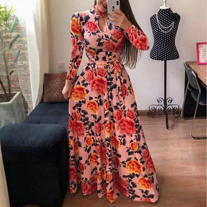 High Quality Breathable Floral Maxi Dress for Women Ladies Casual Summer Fashion with Long Sleeves Belt Sexy Style